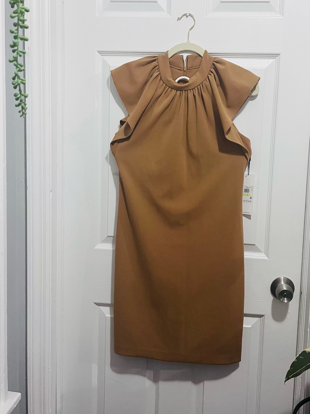 Calvin Klein Camel Ruffle-Shoulder Midi Dress